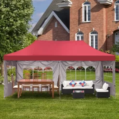 Ainfox 10' x 20' Pop up Outdoor Canopy Tent, Portable Shade Instant Folding Gazebo Tent with 4 Side Walls(Red)